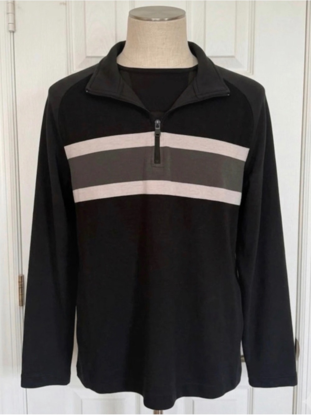 Banana Republic Men's Dark Gray Quarter-Zip Sweater with White and Gray Stripes